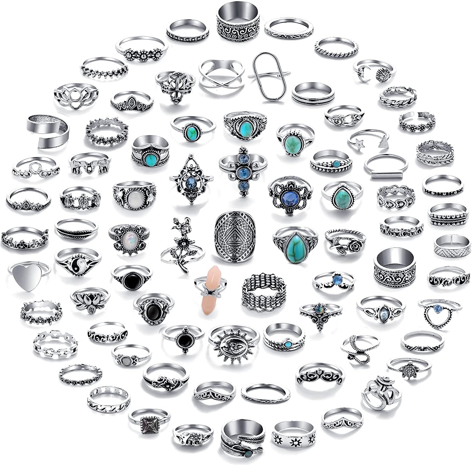 82 Pcs Vintage Silver Knuckle Rings Set for Women, Bohemian Stackable Joint Finger Rings, Retro Stone Crystal Stacking Midi Rings Pack