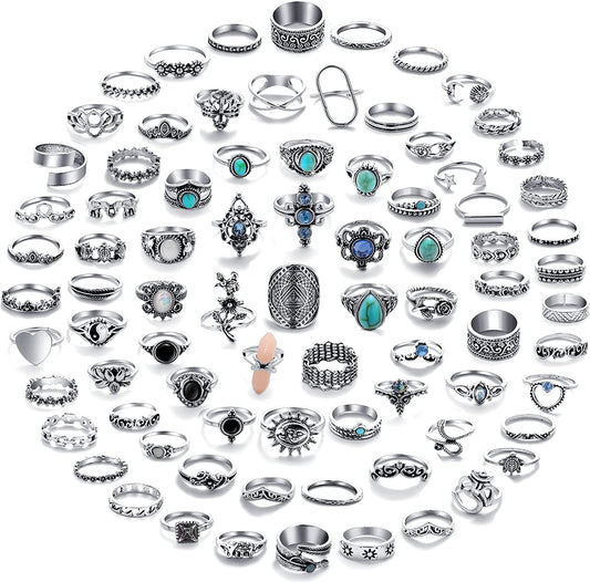 82 Pcs Vintage Silver Knuckle Rings Set for Women, Bohemian Stackable Joint Finger Rings, Retro Stone Crystal Stacking Midi Rings Pack