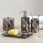 Decorative Glass Bathroom 4-Pcs Accessory Set | Soap Dispenser, Toothbrush Holder, Cotton Jar, Vanity Tray (Black/Gold)