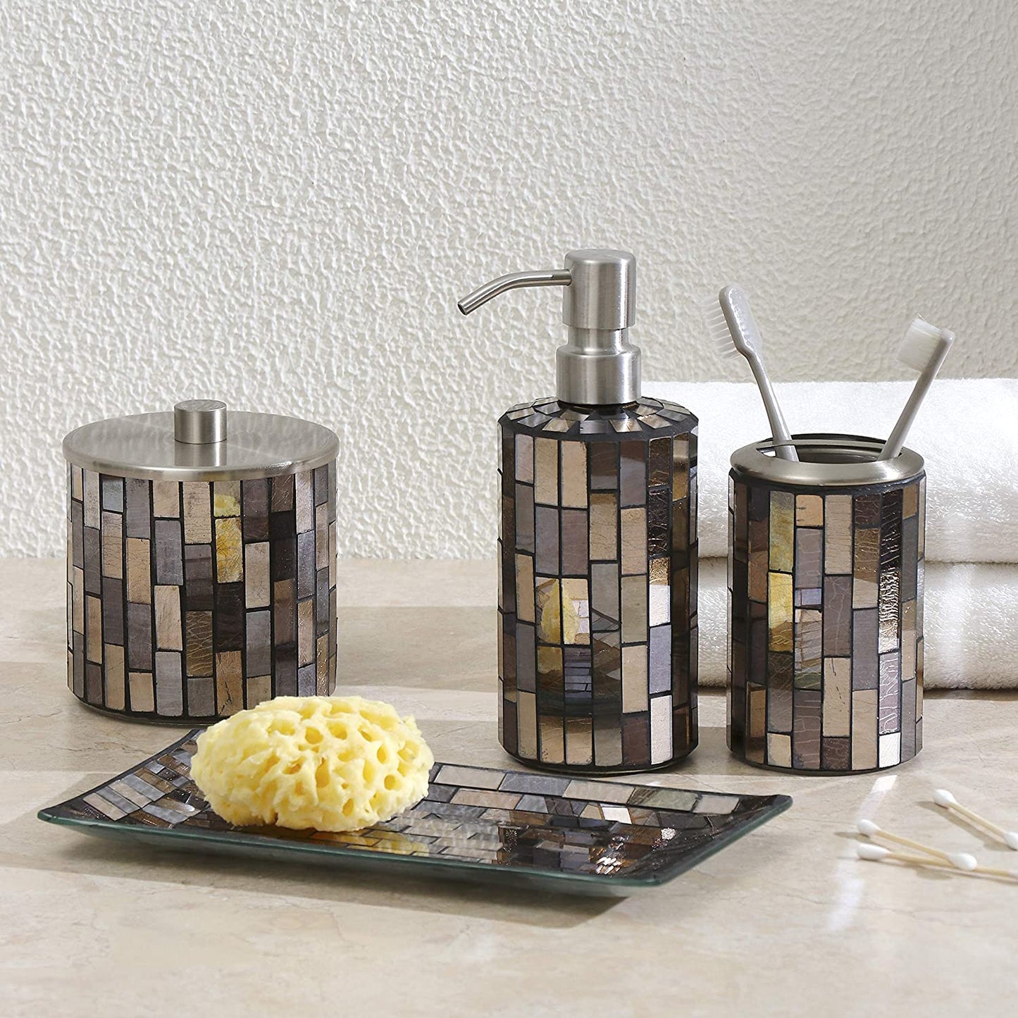 Decorative Glass Bathroom 4-Pcs Accessory Set | Soap Dispenser, Toothbrush Holder, Cotton Jar, Vanity Tray (Black/Gold)