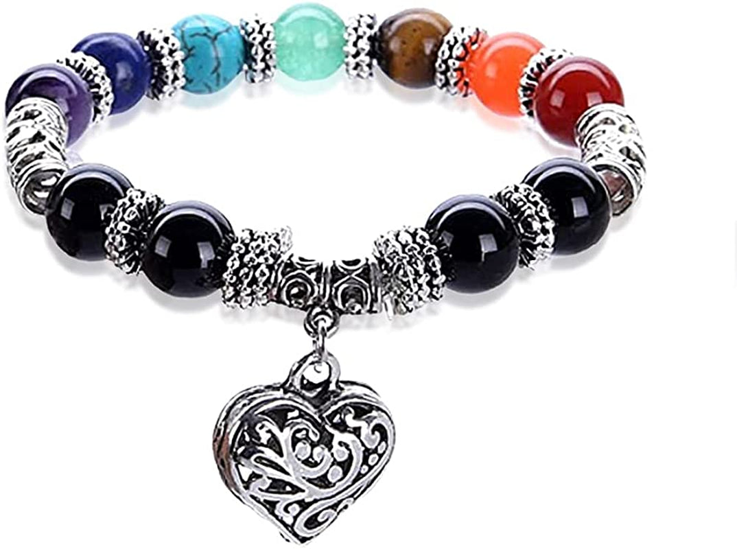 Hithop 10MM 7 Chakra Religion Healing Balance Stone Beaded Bracelet Yoga Reiki Charm Heart Bracelets