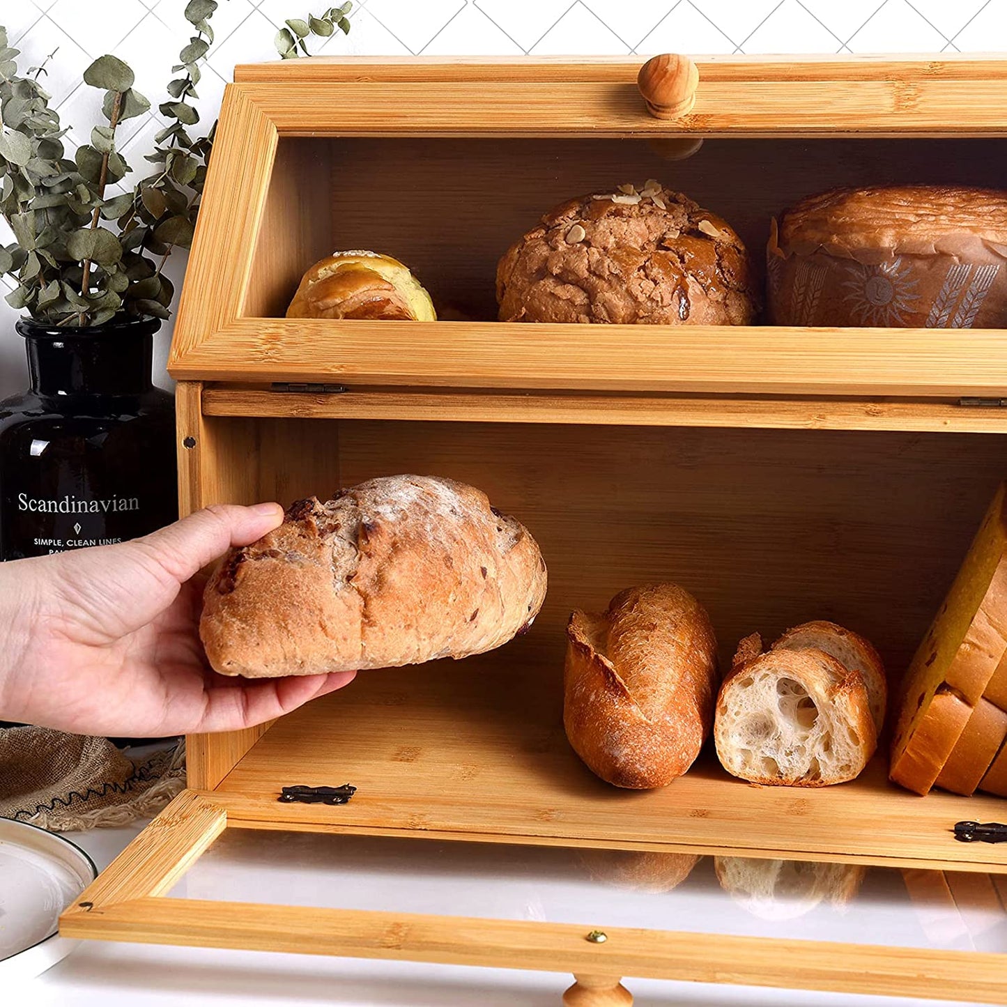 Double Compartment Bread Box - Extra Large Bamboo Bread Box for Kitchen Countertop, with Clear Window, Farmhouse Style Double Layer Bread Storage Bin Holder (Self-Assembly)