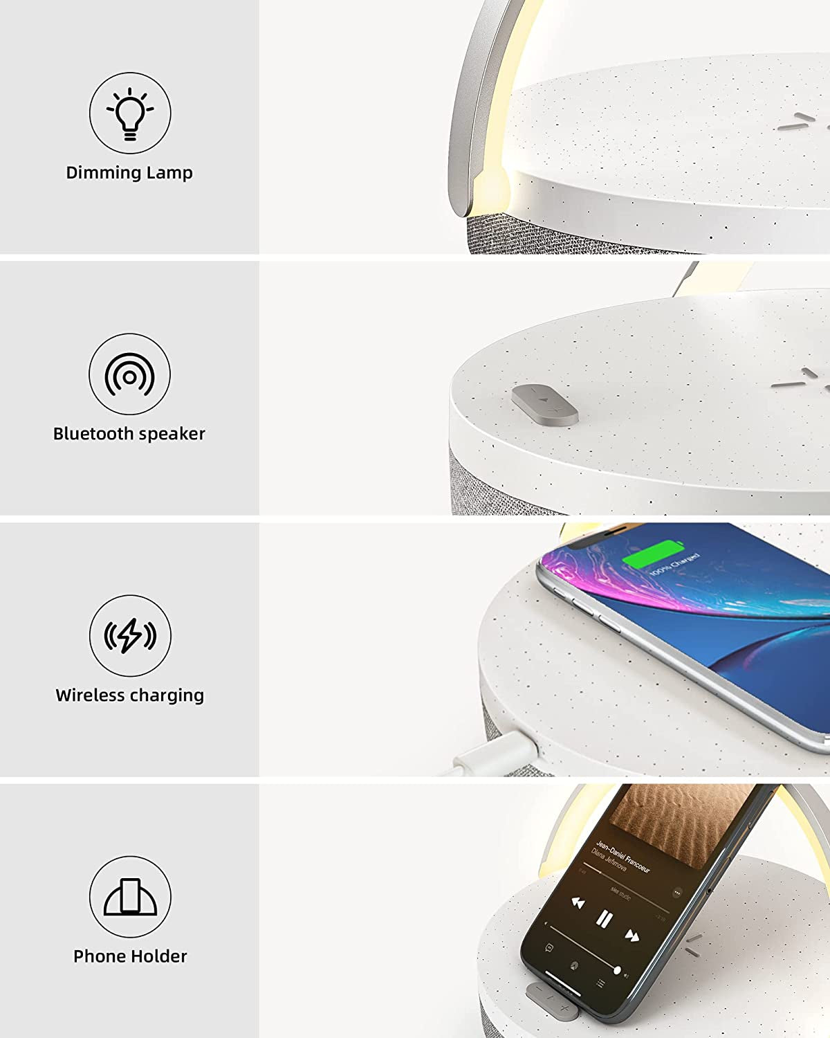 LED Night Light,  Music Bedside Lamp with Wireless Charger, 4 in 1 Touch Lamp, Portable Bluetooth Speaker, Phone Holder, Dimmable Wireless Charging Lamp Birthday Gifts for Women, Men, Dad, Mom
