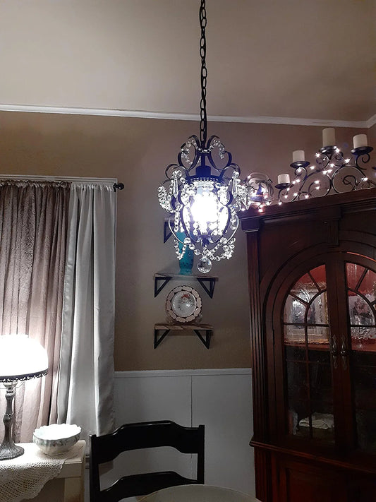 Mini Chandelier Black Crystal Chandelier 1 Light Elegant Chandelier Crystal Iron Ceiling Light Fixture for Bedroom,Farmhouse,Foyer