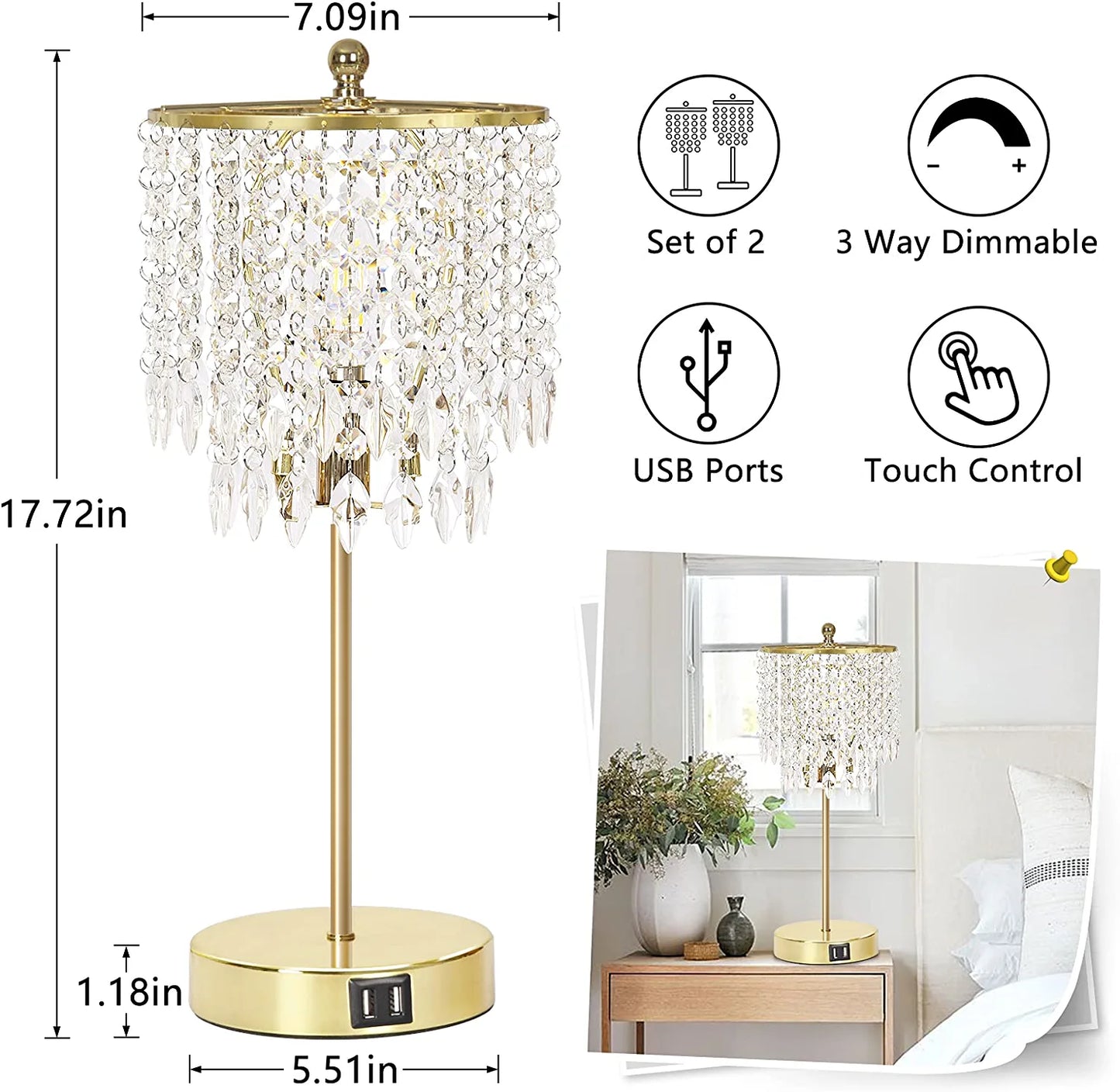 Crystal Table Lamp Set of 2, 3-Way Dimmable Nightstand Lamp with 2 USB Charging Ports, Gold Bedside Lamp for Bedroom, Touch Small Lamp with Elegant Shade for Living Room, B11 LED Bulb Included