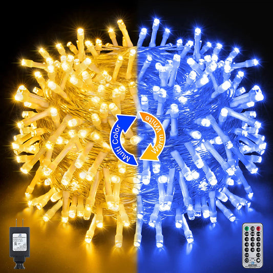 Ollny Christmas Lights String Lights Indoor Outdoor 200LED/66FT Blue to Warm White Color Changing with Remote Timer 11 Lighting Modes Waterproof for Bedroom Patio Eave Roof House Holidays Decorations