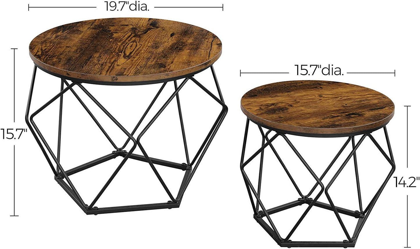 Small Coffee Table Set of 2, round Coffee Table with Steel Frame, Side End Table for Living Room, Bedroom, Office, Rustic Brown and Black ULET040B01