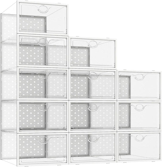 Shoe Storage Boxes, Shoe Organizer for Closet Clear, Shoe Boxes Clear Plastic Stackable, Folable Storage Bins with Lids,12 Pack