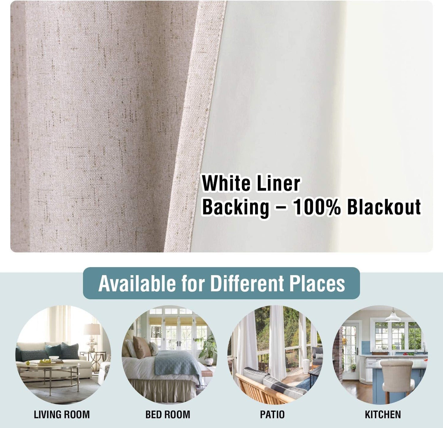 Linen Blackout Curtains 84 Inches Long 100% Absolutely Blackout Thermal Insulated Textured Linen Look Curtain Draperies Anti-Rust Grommet, Energy Saving with White Liner, 2 Panels, Natural