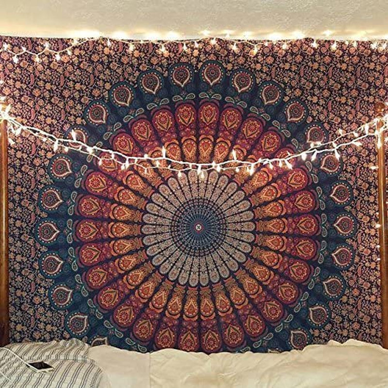 Indian Hippie Bohemian Psychedelic Golden Blue Peacock Mandala Wall Hanging Bedding Tapestry (Golden Blue, Queen (84X90Inches)(215X230Cms))