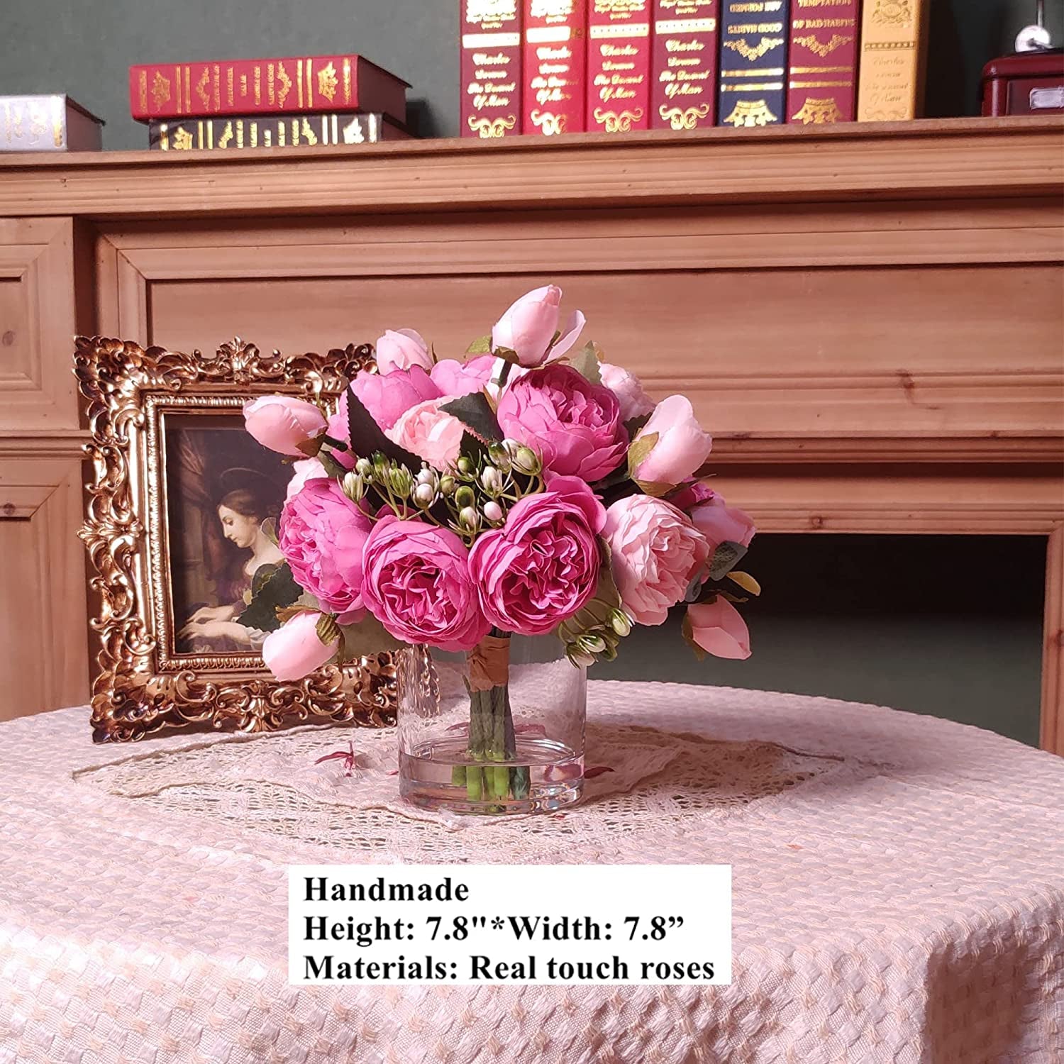 Floral Artificial Flowers Rose Fake Flowers Arrangement in Cube Glass Vase with Faux Water (Pink Pale Pink, 1)