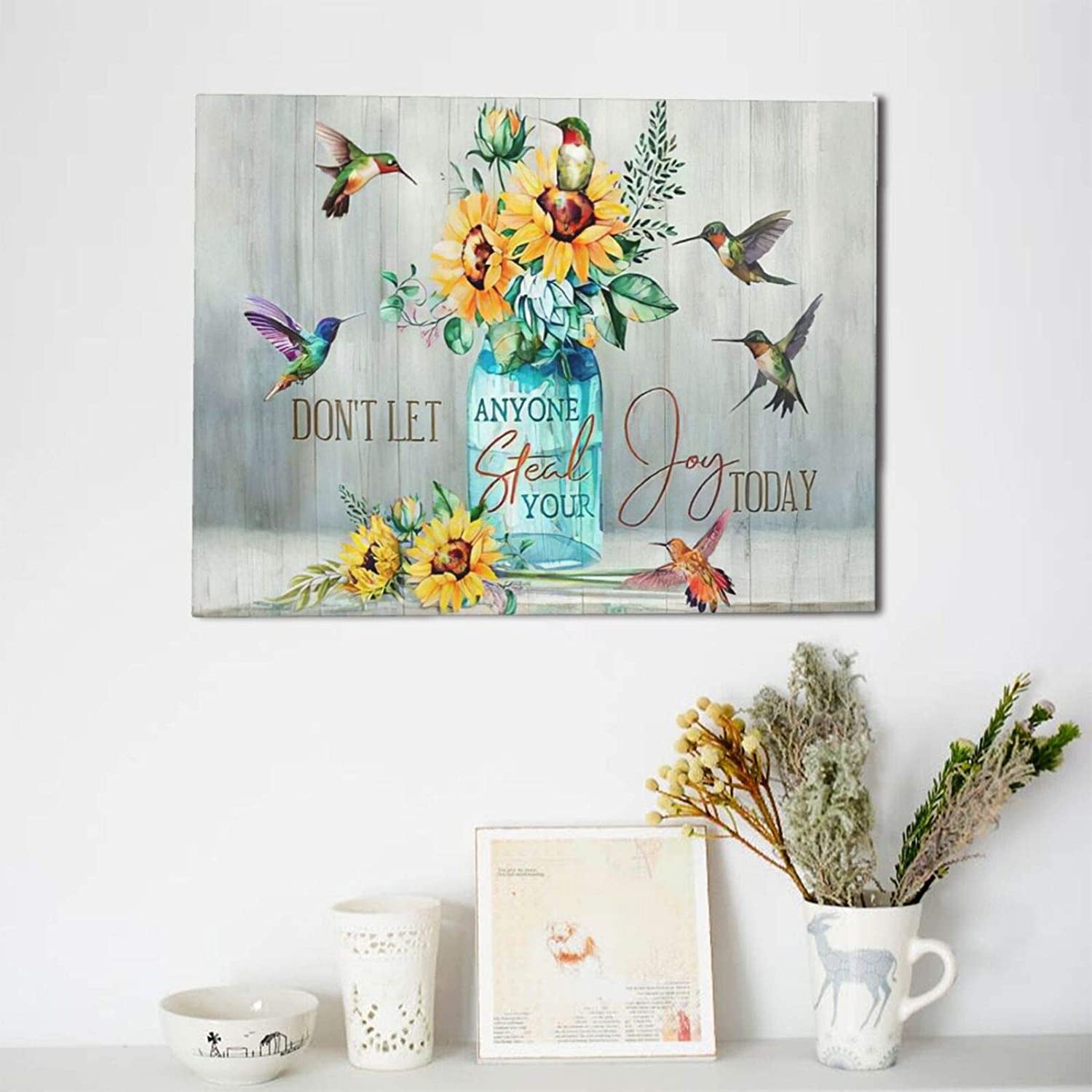 Abstract Hummingbird Sunflower Wall Art Canvas Inspirational Quotes Poster Farmhouse Flowers Artwork Modern Home Decorations Framed and Stretched Ready to Hang for Living Room Bedroom Office12X16Inch