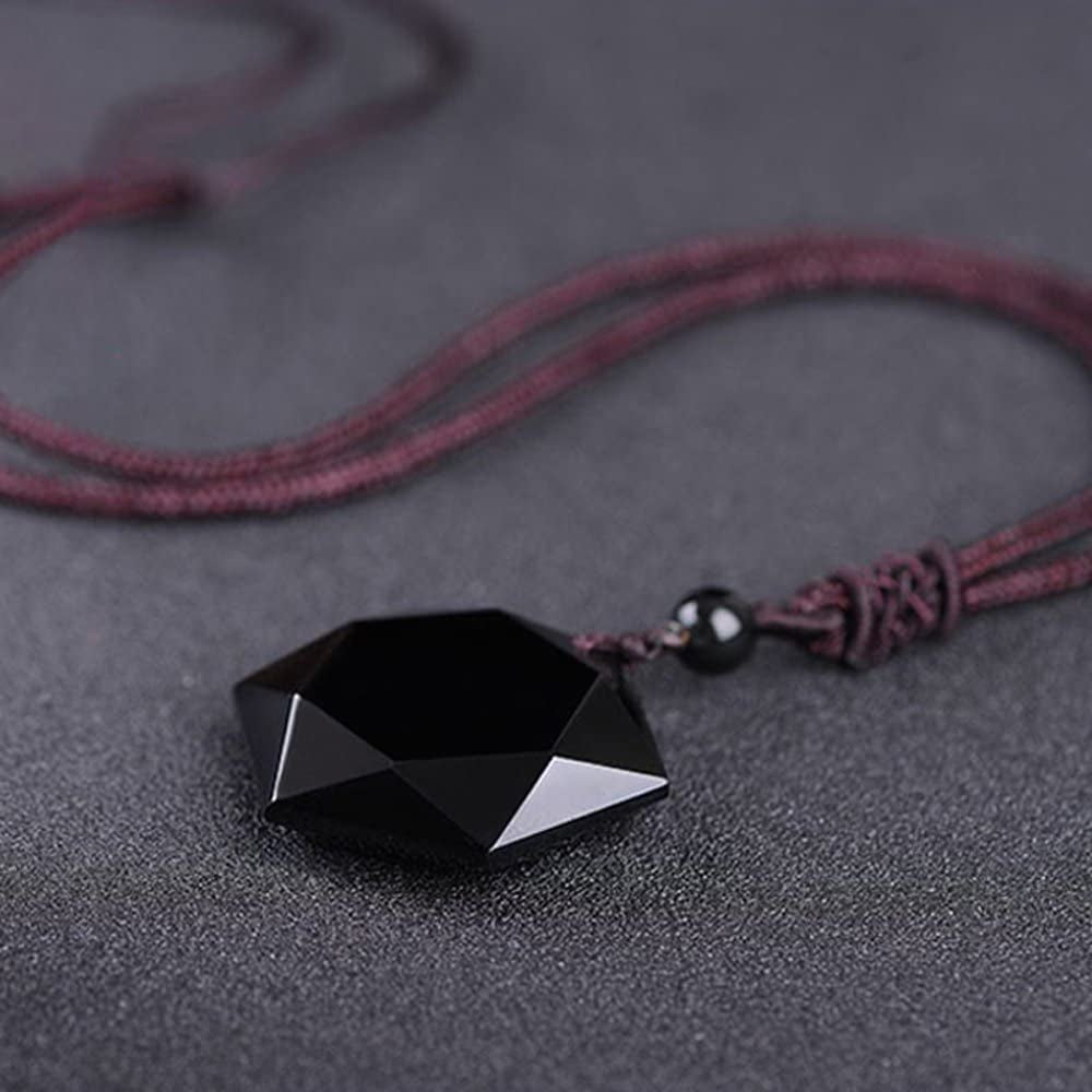 Black Obsidian Hexagram Natural Stone Necklace Translucent Ice Obsidian Wolf Tooth Amulet His and Hers Couples Necklace Lucky Love Pendant Necklace for Men Women