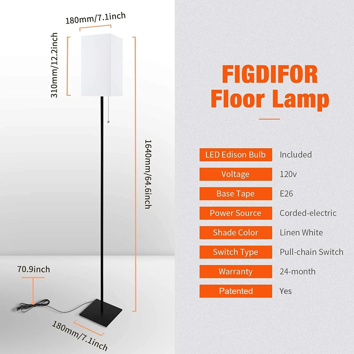 Floor Lamp-Floor Lamps for Living Room, Modern Standing Lamp Stand up Lamp with Square Linen Shade, 2700K Warm White Bulb Included, Simple Design Tall Floor Lamp for Bedroom Office Christmas-64.6In
