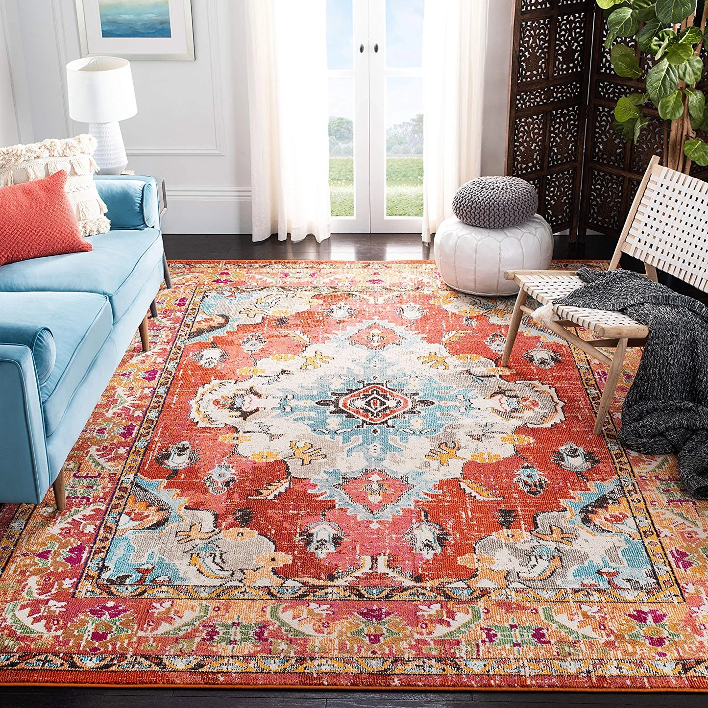 Monaco Collection 8' X 10' Orange Light Blue MNC243H Boho Chic Medallion Distressed Non-Shedding Living Room Bedroom Dining Home Office Area Rug