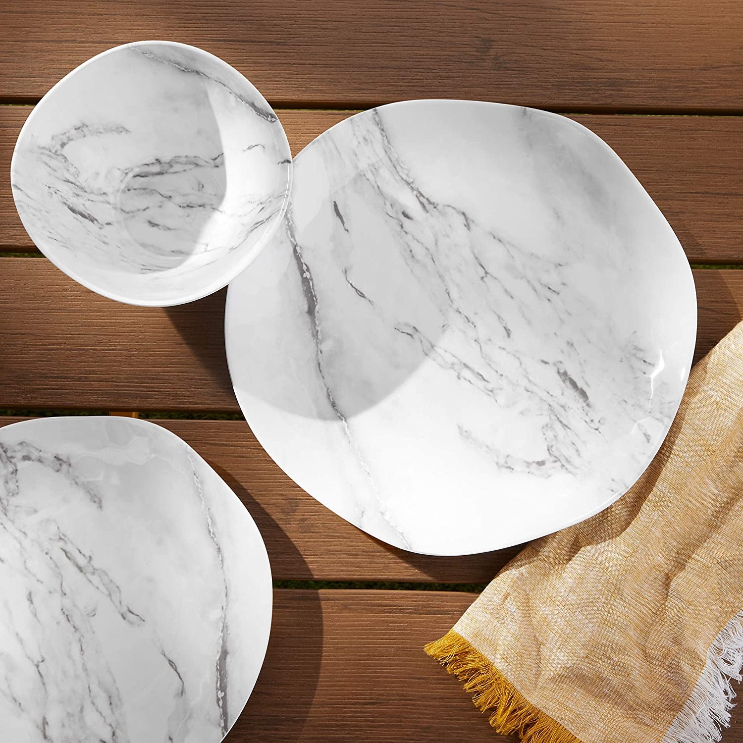 Melamine Dinnerware Set, Service for 4, White Marble - Set of 12