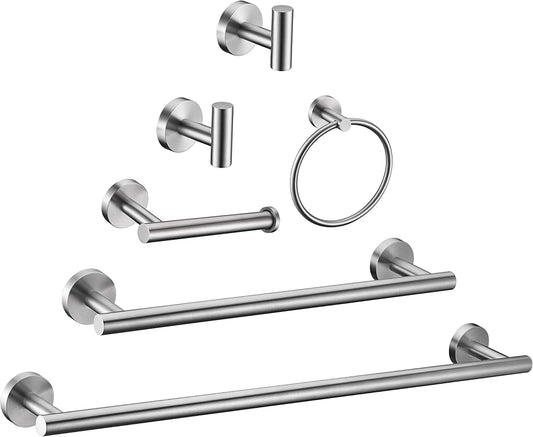 6 Pieces Brushed Nickel Bathroom Hardware Accessories Set Hand Towel Ring 18&23.6 Inch round Towel Bar Silver Toilet Paper Holder Towel Hooks 2 Pieces SUS 304 Stainless Steel,Heavy Duty,Wall Mounted