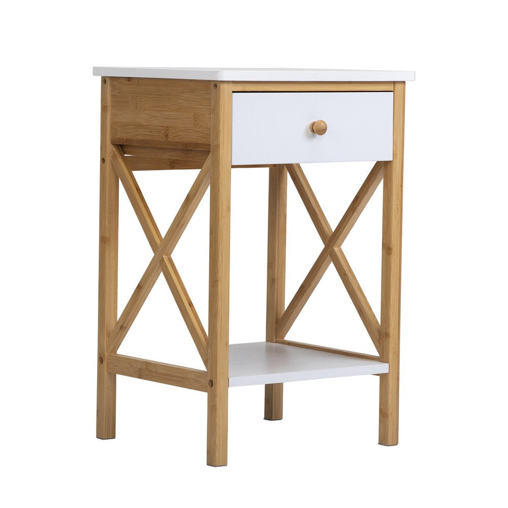 Nightstand with Drawer, End Table with Storage Shelf, Modern Side Sofa Table, Accent Bedside Table with X-Shape Frame for Living Room/Bedroom, White & Natural