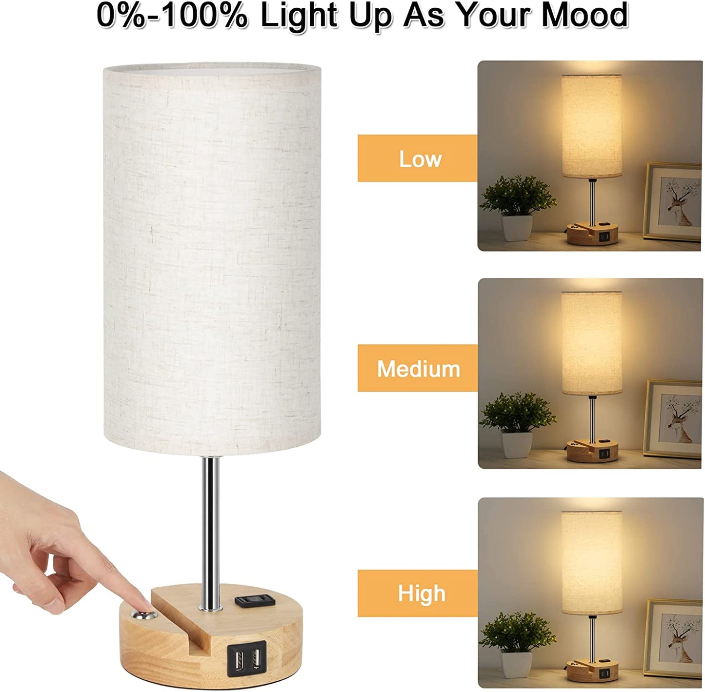 Bedside Lamps Set of 2 with USB Ports and AC Outlet, Wood Small Table Lamps with Phone Holder and E26 Bulbs, 3 Way Dimmable Nightstand Lamps for Bedroom Living Room Reading (Light Brown, Beige)