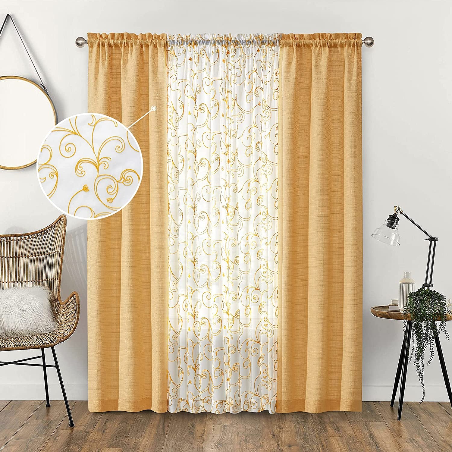 2 Embroidery Floral Semi Sheer Curtains and 2 Burlap Privacy Curtains for Windows 4 Panel Curtains Set Yellow Curtains for Living Room Curtains 84 Inches Long (Cornsilk, W27.5Xl84 Inch Each)