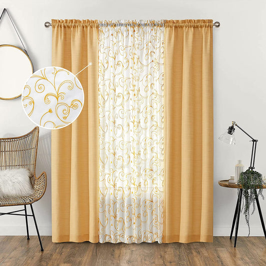2 Embroidery Floral Semi Sheer Curtains and 2 Burlap Privacy Curtains for Windows 4 Panel Curtains Set Yellow Curtains for Living Room Curtains 84 Inches Long (Cornsilk, W27.5Xl84 Inch Each)