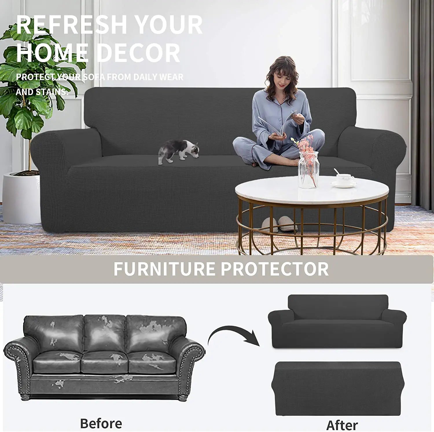 Stretch Sofa Slipcover 1-Piece Sofa Cover Furniture Protector Couch Soft with Elastic Bottom for Kids, Polyester Spandex Jacquard Fabric Small Checks (Sofa, Dark Gray)