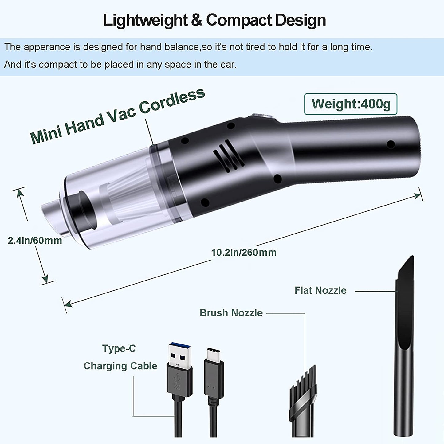 Portable Mini Car Vacuum Cleaner High Power Cordless(400G),Handheld Vacuum Cordless,Hand Vacuum Cordless Rechargeable,Handheld Vacuum Cleaner for Car/Desk V06
