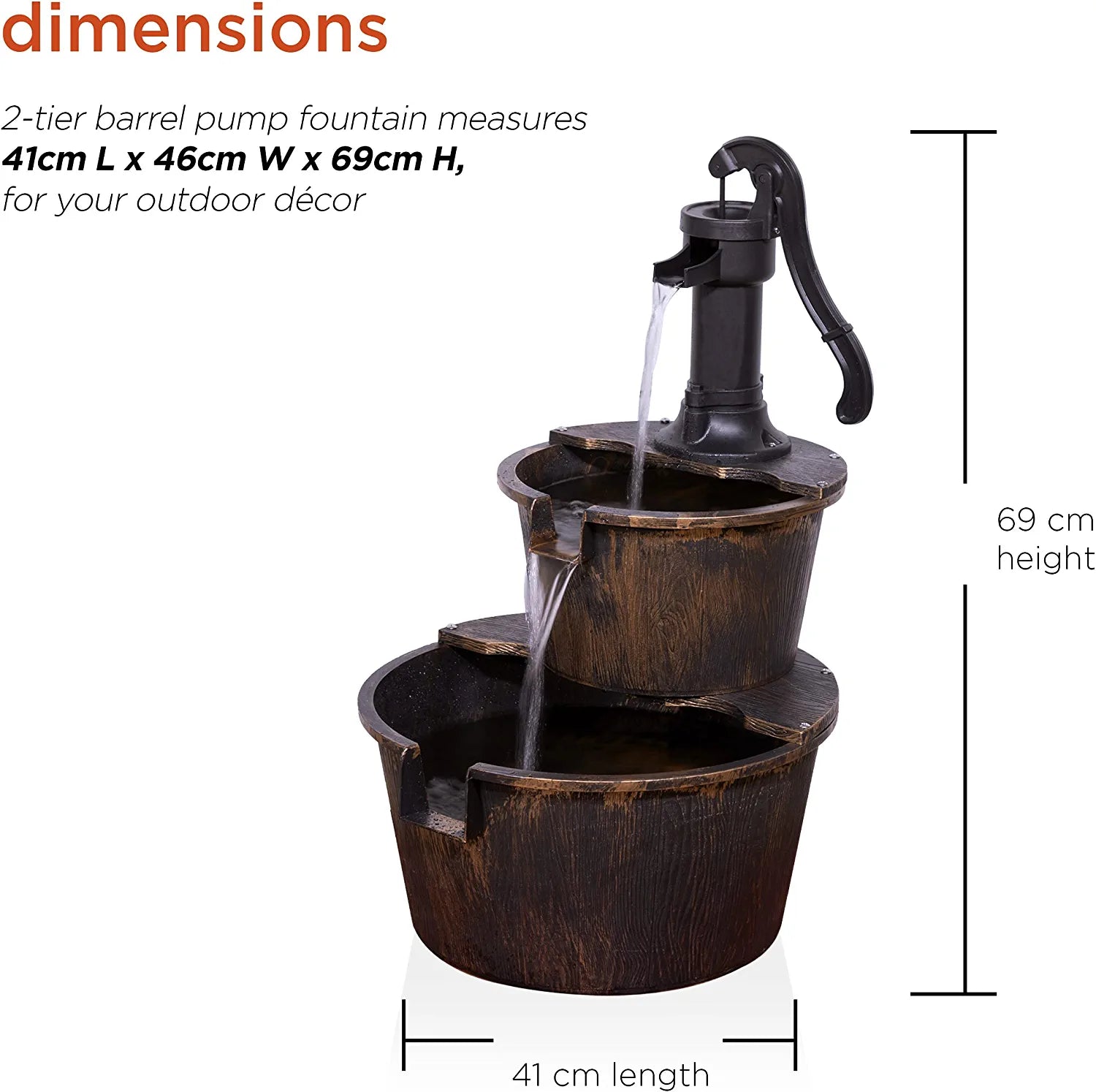27" Tall 2-Tier Barrel and Pump Waterfall Fountain, Bronze Finish