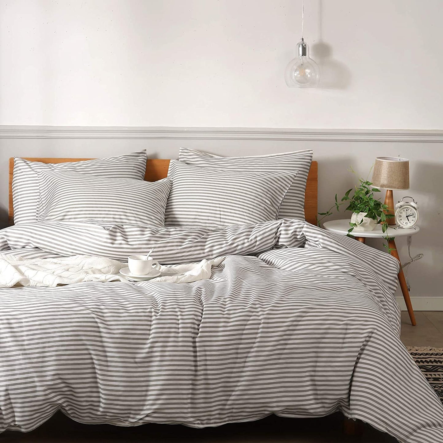 100% Natural Cotton 2Pcs Striped Duvet Cover Sets,White Duvet Cover with Grey Stripes Pattern Printed Comforter Cover,With Zipper Closure & Corner Ties(Twin Size)