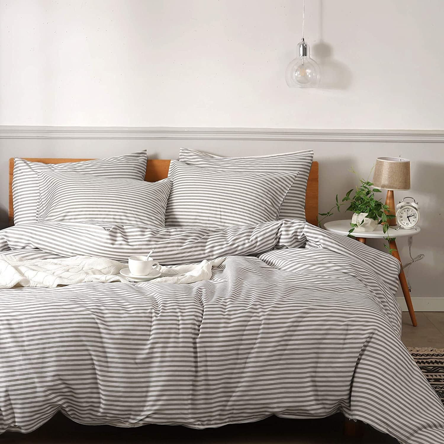 100% Natural Cotton 2Pcs Striped Duvet Cover Sets,White Duvet Cover with Grey Stripes Pattern Printed Comforter Cover,With Zipper Closure & Corner Ties(Twin Size)