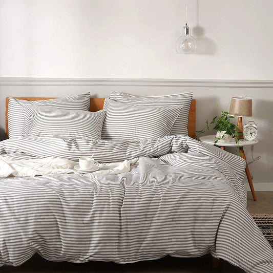 100% Natural Cotton 2Pcs Striped Duvet Cover Sets,White Duvet Cover with Grey Stripes Pattern Printed Comforter Cover,With Zipper Closure & Corner Ties(Twin Size)