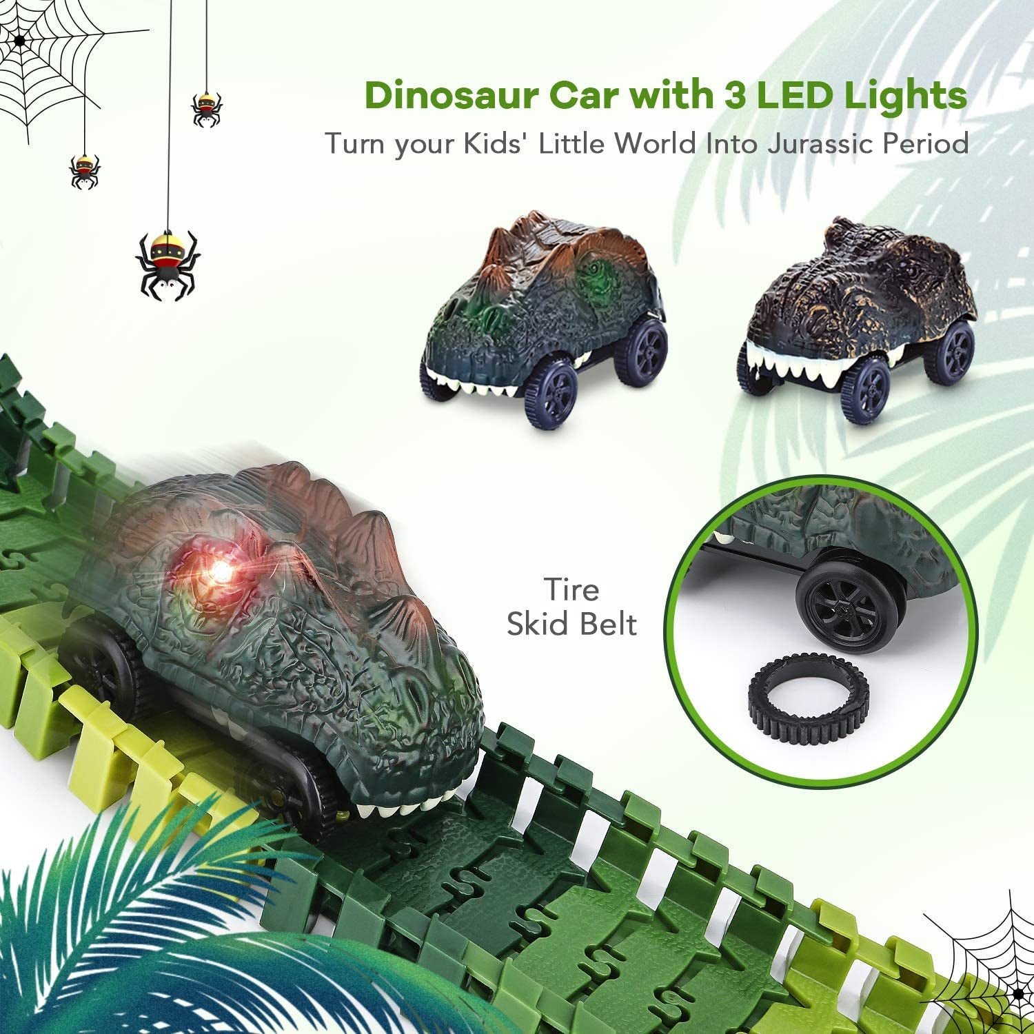 Dinosaur Toys,Create a Dinosaur World Road Race,Flexible Track Playset and 2 Pcs Cool Dinosaur Car for 3 4 5 6 Year & up Old Boy Girls Best Gift