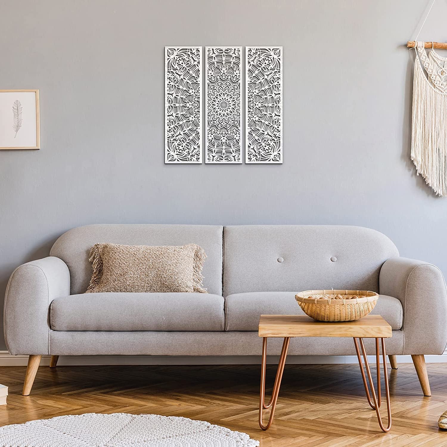 Set of 3 Lightweight Mandala Wall Art White Carved Wood Hanging Wall Decor Modern Cutout Wooden Plaque Floral Aesthetic Wood Decor with Hook for Home Bedroom Kitchen Cafe Office, 15.75 X 5.12 Inch