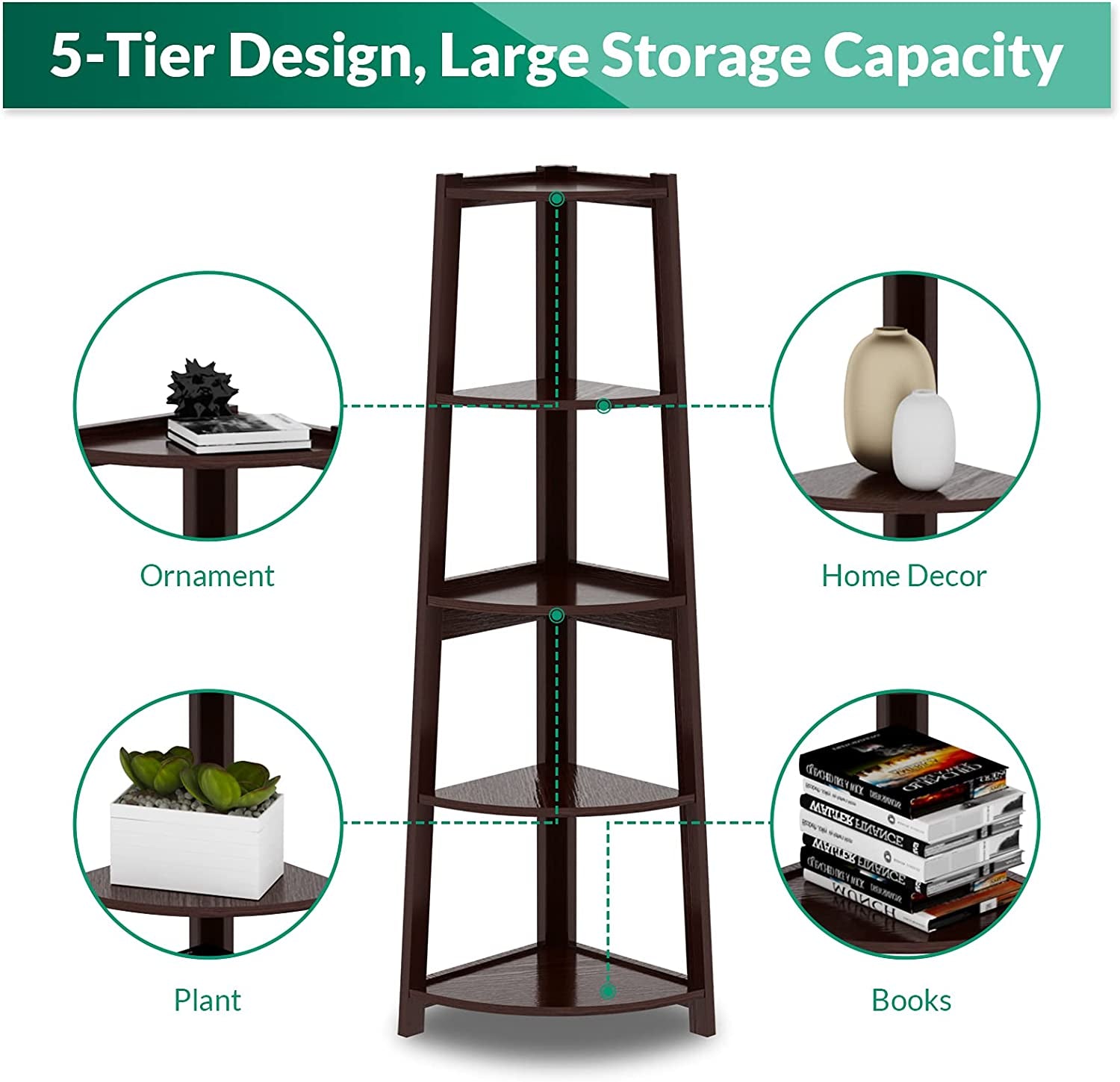 5 Tier Corner Shelf – Modern Wall Corner Storage Rack Plant Stand Small Bookshelf - Freestanding Ladder Shelf Display Organizer for Living Room, Kitchen, Home Office, Small Space (Coffee)