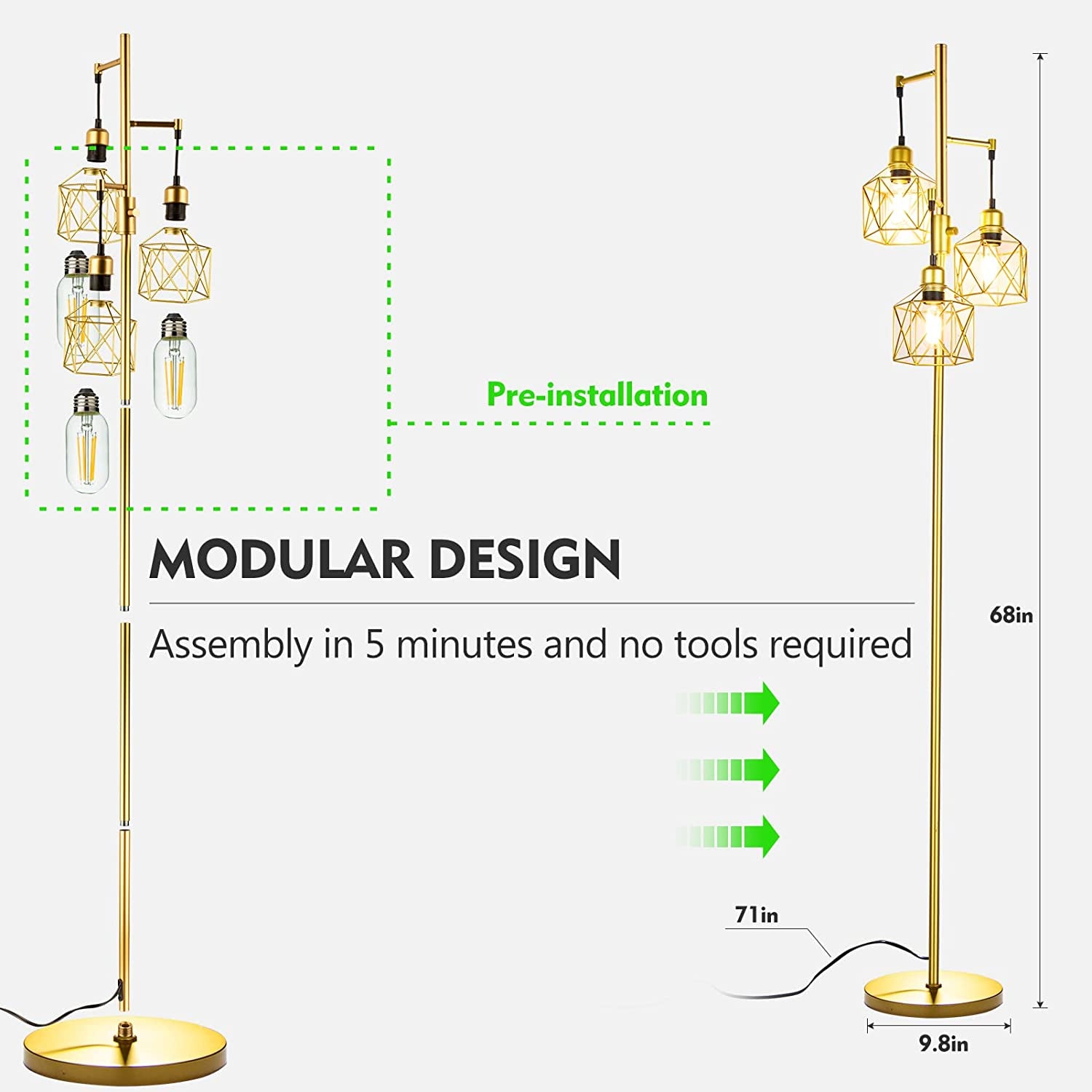 Decorative Gold Floor Lamp,3-Light Farmhouse Floor Lamps for Living Room with Smooth Dimmable ( Adjust Brightness Nightlight ), Modern Style Standing Tall Lamp of Diamond Cage - Bulb Included