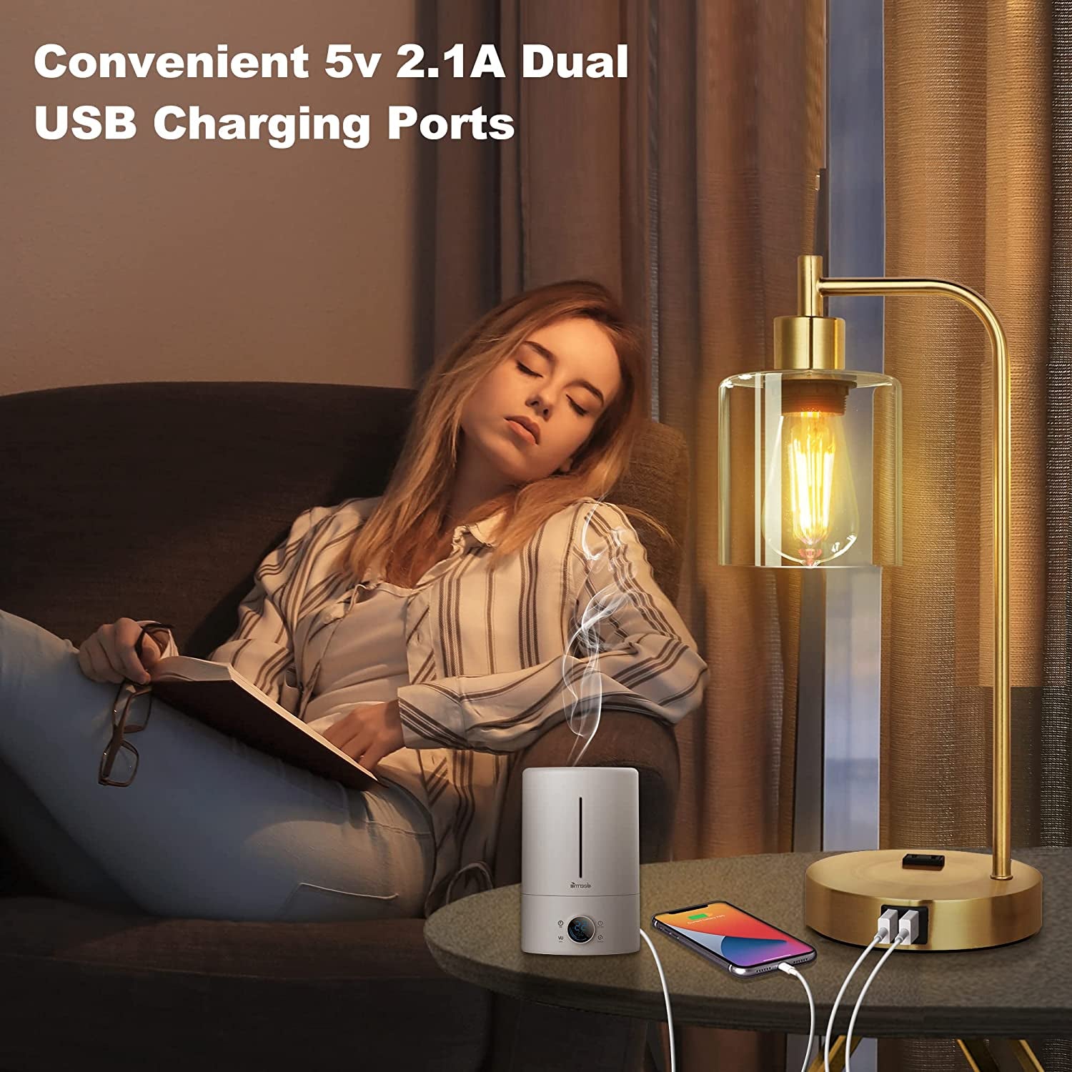 Set of 2 Industrial Touch Control Table Lamps with 2 USB Ports and 2 AC Outlets, 3-Way Dimmable Bedside Nightstand Reading Lamps with 2700K LED Bulbs, Glass Desk Lamp for Living Room,Bedroom