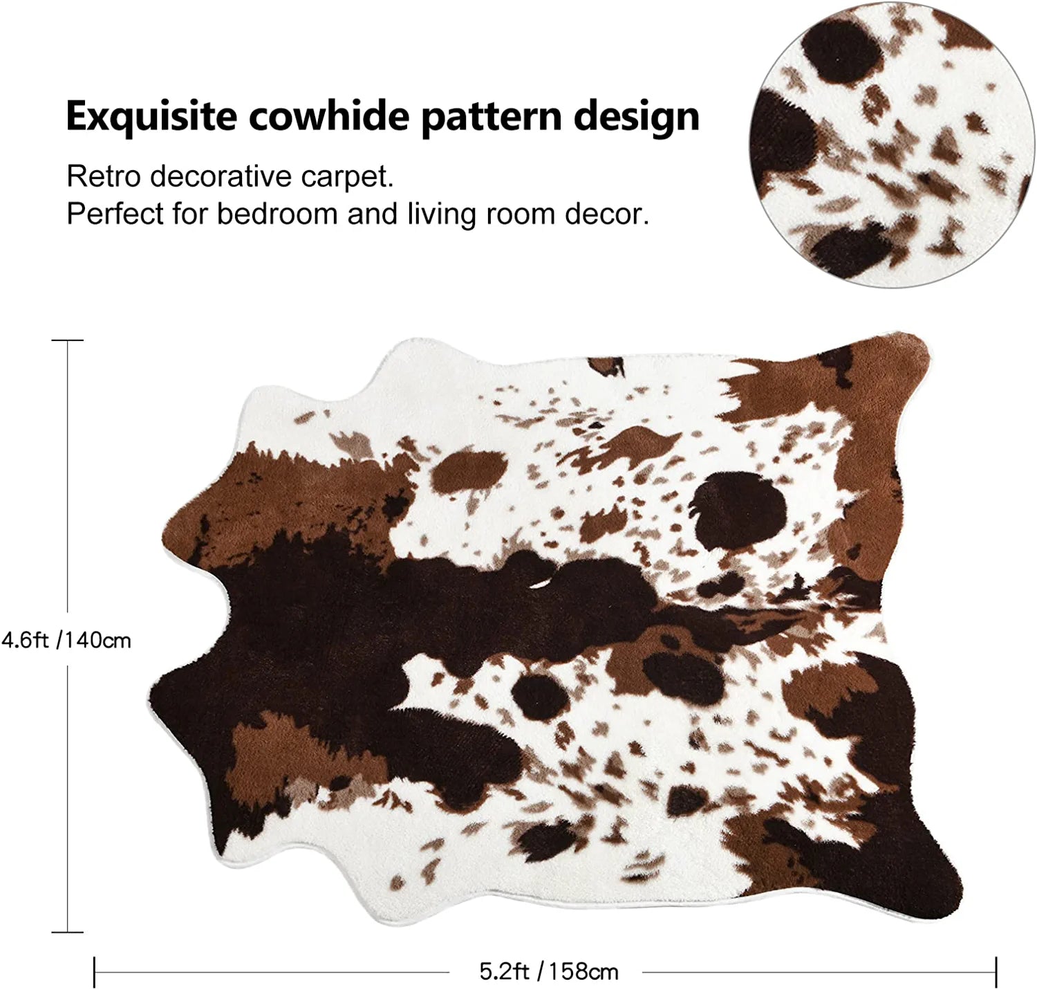 Cow Print Area Rugs Cowhide Rugs 4.6Ft X5.2Ft for Living Room Bedroom Western Decor, Cute Fluffy Cowhide Carpet Faux Fur Rug, Soft Fuzzy Rug for Home, Brown and White,(140*158Cm)
