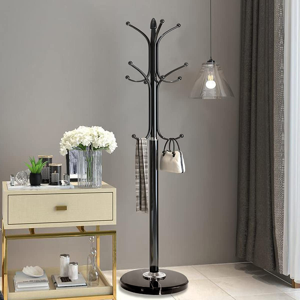 Kertnic Metal Coat Rack Stand with Natural Marble Base, Free Standing Hall Tree with 12 Hooks for Hanging Scarf, Bag, Jacket, Home Entry-Way Hat Hanger Organizer (Black)