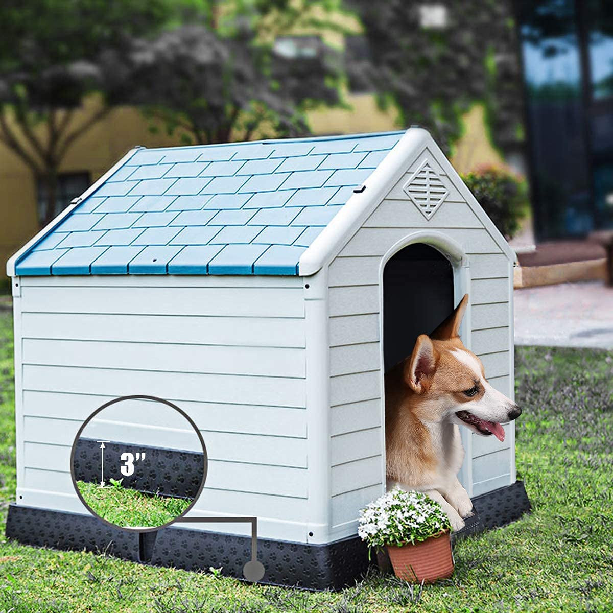 Dog House for Small Dogs, Waterproof Plastic Dog Houses with Air Vents and Elevated Floor, Easy to Assemble, Outdoor Cat Feeding Station Indoor Patio Backyard Dog Kennel House
