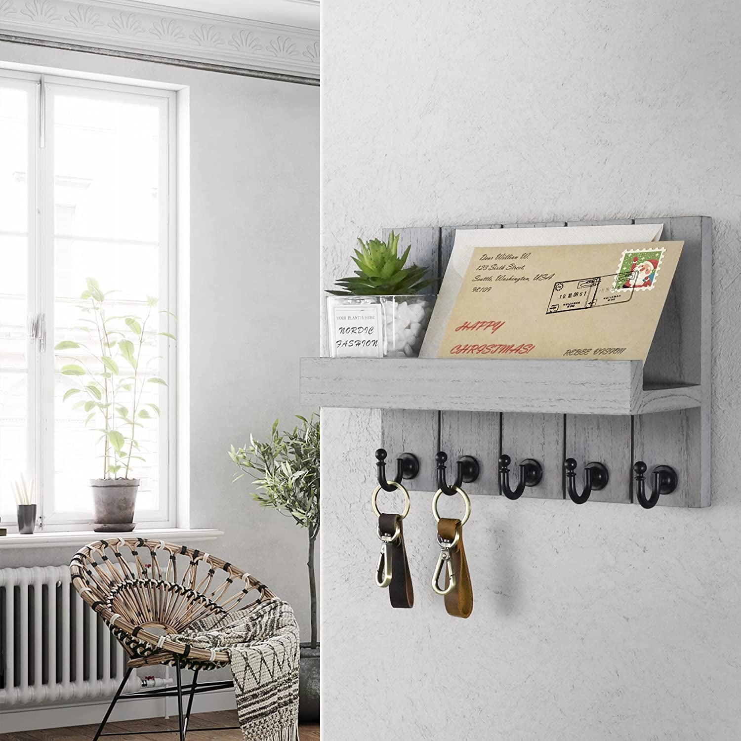 Decorative Key and Mail Holder for Wall - Rustic Key Hooks with Floating Shelves Mail Organizer for House Apartment Entryway Decor - Premium Key Hanger, Light Grey