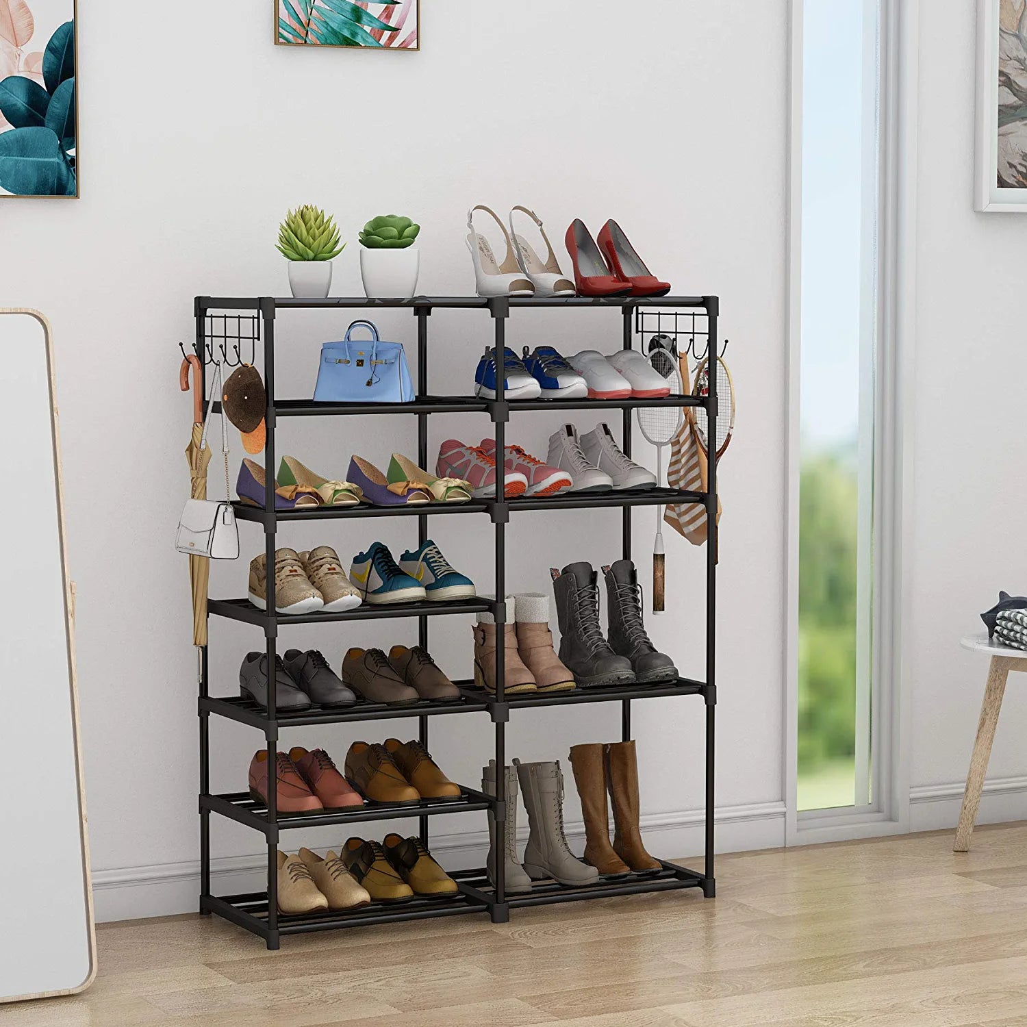 Shoe Rack Shoe Shelf Shoe Storage Organizer with Side Hooks for Entryway, 24-30 Pairs Metal Shoe Rack Taller Shoes Boots Organizer