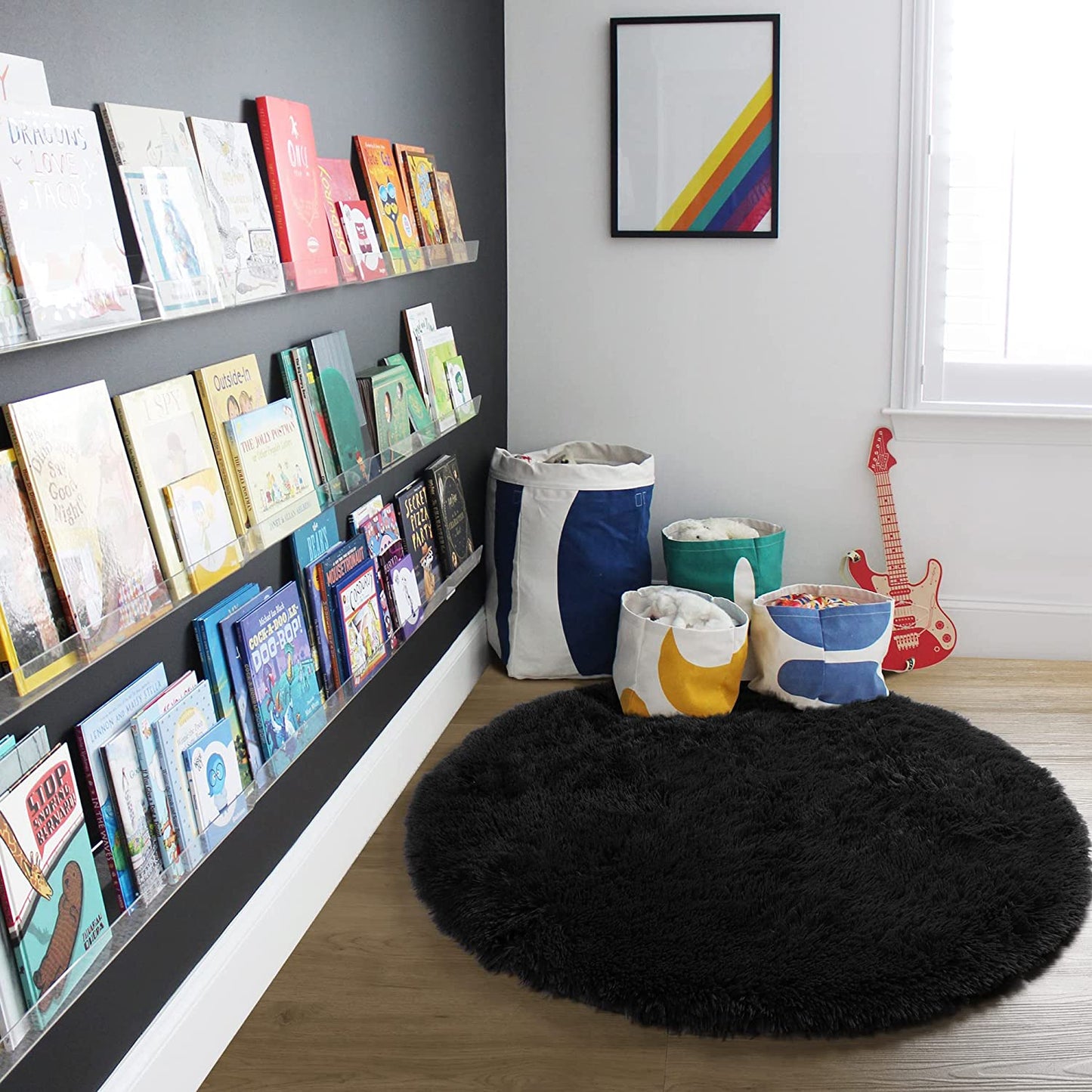 4X4 Area Rug round Black Rug Circle Rugs for Kids Bedroom Fluffy Carpets and Shaggy Rugs Small Teepee Furry Mat Comfy Reading Rug Circular Rug,Rugs for Girls Boys Room