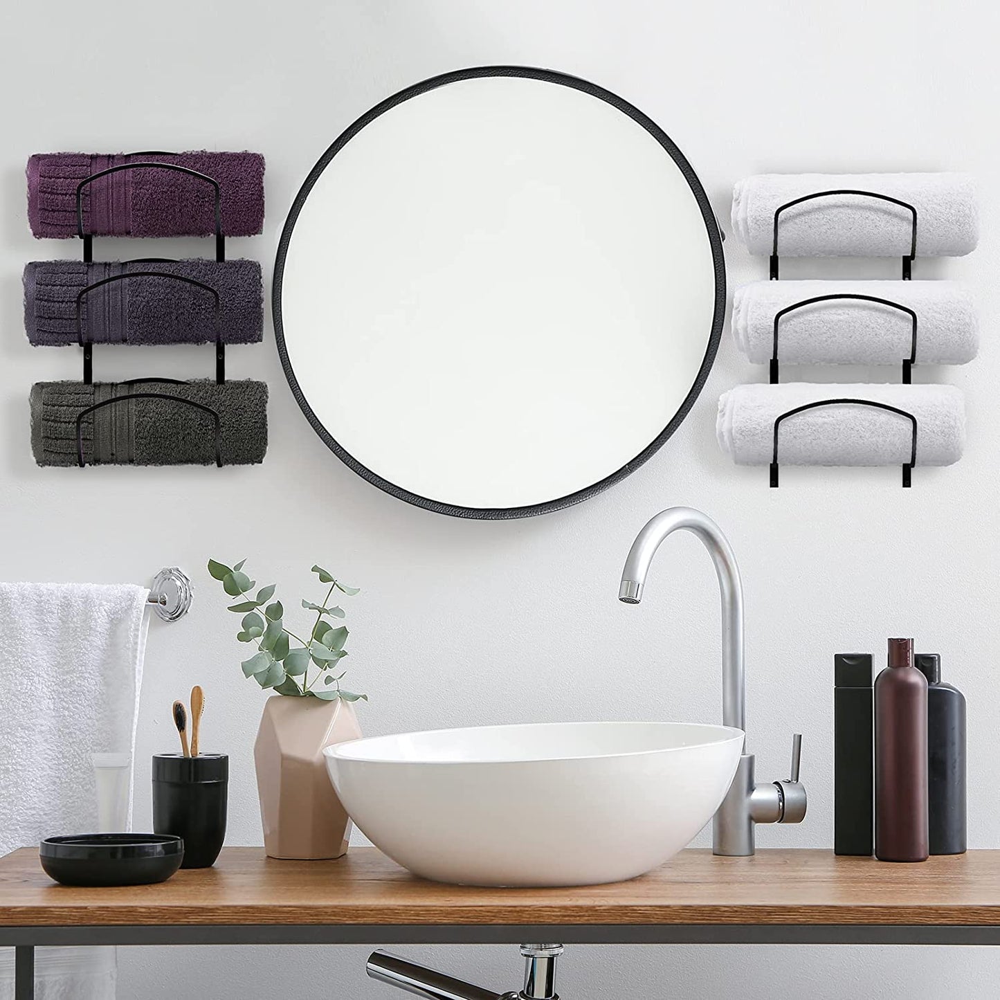 Towel Racks for Bathroom, Towel Rack Wall Mounted Bathroom Towel Holder, Towel Storage for Rolled Bath Shower Hand Towel, 3 Levels X 2Pcs (Black)