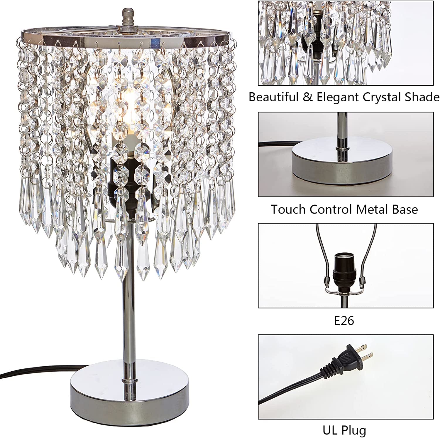 Chrome Crystal Table Lamp,Modern Crystal Touch Desk Lamp for Bedroom,Silver Desk Lamp with Crystal Shade for Bedrooms,Living Room,Bedside