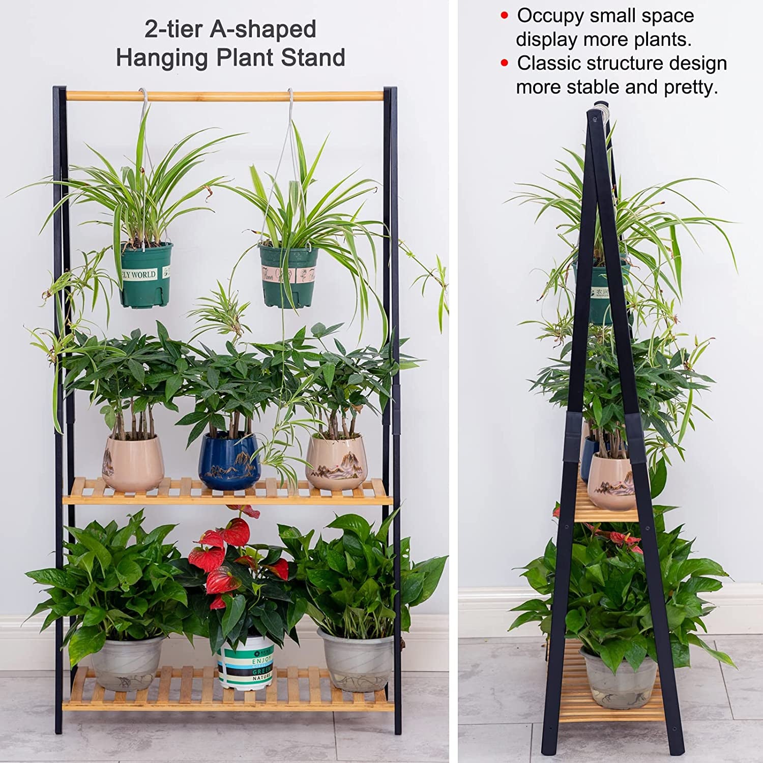 Bamboo 2-Tier Hanging Plant Stand Planter Shelves Flower Pot Organizer Rack Multiple Flower Pot Display Holder Shelf Indoor Outdoor Heavy Duty Planter Shelving Unit