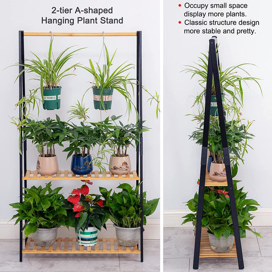 Bamboo 2-Tier Hanging Plant Stand Planter Shelves Flower Pot Organizer Rack Multiple Flower Pot Display Holder Shelf Indoor Outdoor Heavy Duty Planter Shelving Unit