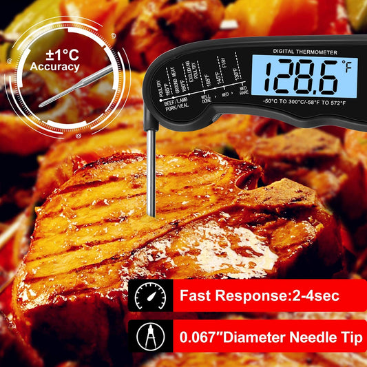 TP-01 Waterproof Digital Instant Read Meat Thermometer with 4.6” Folding Probe Backlight & Calibration Function for Cooking Food Candy, BBQ Grill, Liquids,Beef(Black)