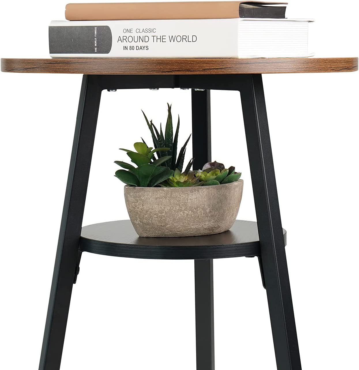 round End Table, Side Table with Wooden Shelves, 2-Tier Rustic Vintage Table for Living Room Bedroom, Metal Frames and Wooden Boards, Rustic Brown