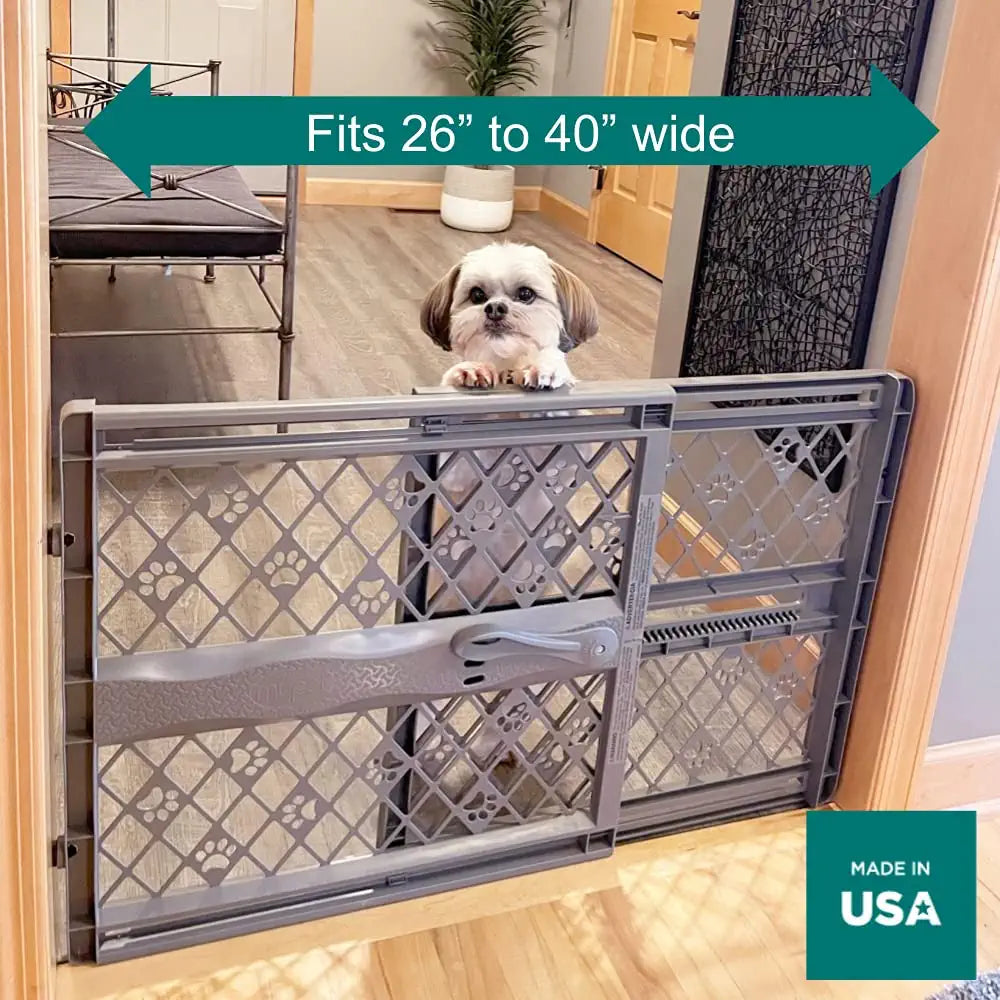 MYPET  40” Paws Portable Pet Gate: Made in USA, Expands & Locks in Place with No Tools. Pressure Mount. Fits 26"-40" Wide (23" Tall, Fieldstone)