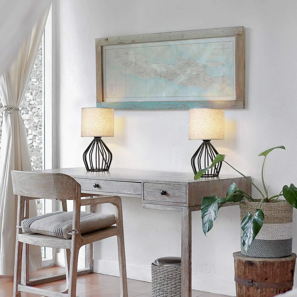 Modern Farmhouse Lamps - Black Metal Table Lamps with Hollowed Out Base , Bedside Lamps Set of 2 with Linen Fabric Lampshade for Bedrooms, Living Room